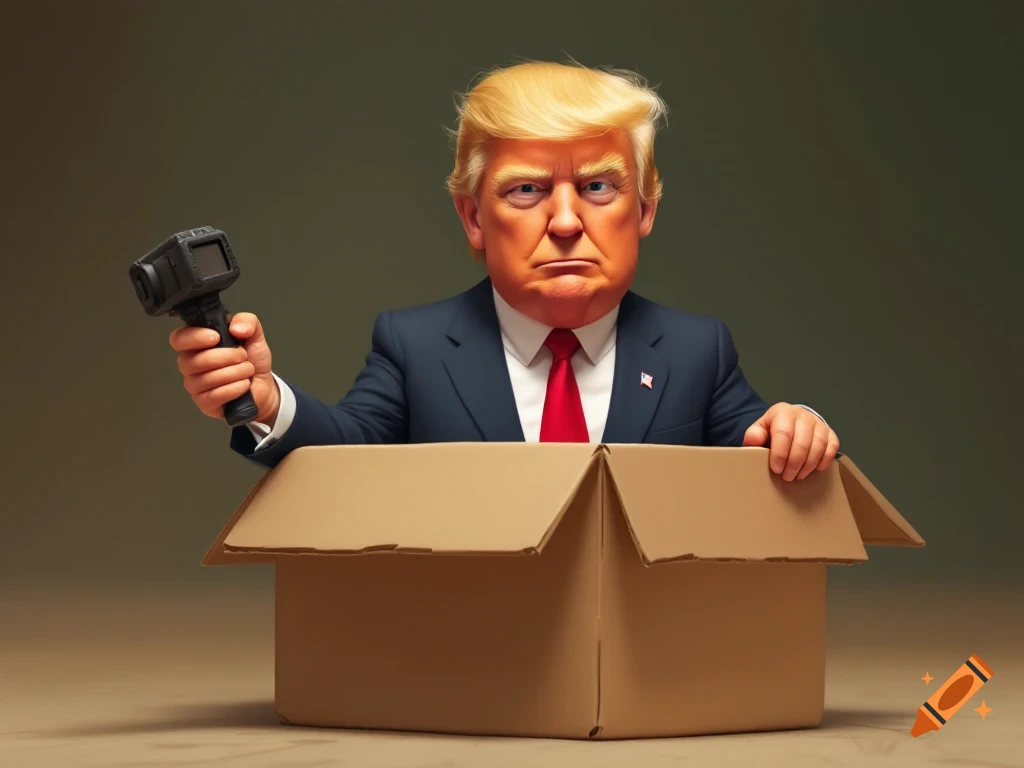 A caricature of Donald Trump as an action figure, holding an object while in a cardboard box.