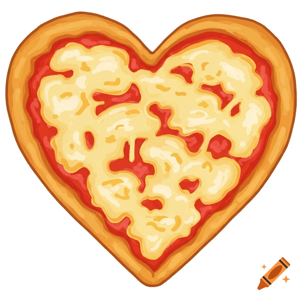 Cartoon heart-shaped pizza with cheese and tomato