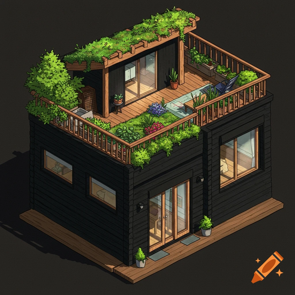 Isometric image of a small black two-story building with a lush rooftop garden.