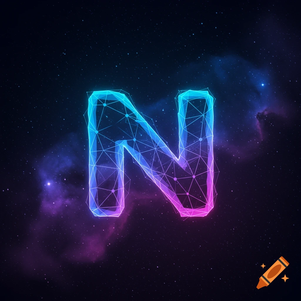 A neon blue and pink letter N made of connected dots and lines floats in space among stars and nebulae.
