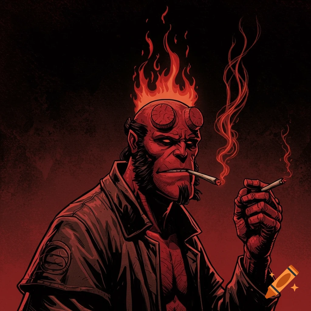 Comic book illustration of Hellboy with flames smoking a joint in Mike Mignola's style.