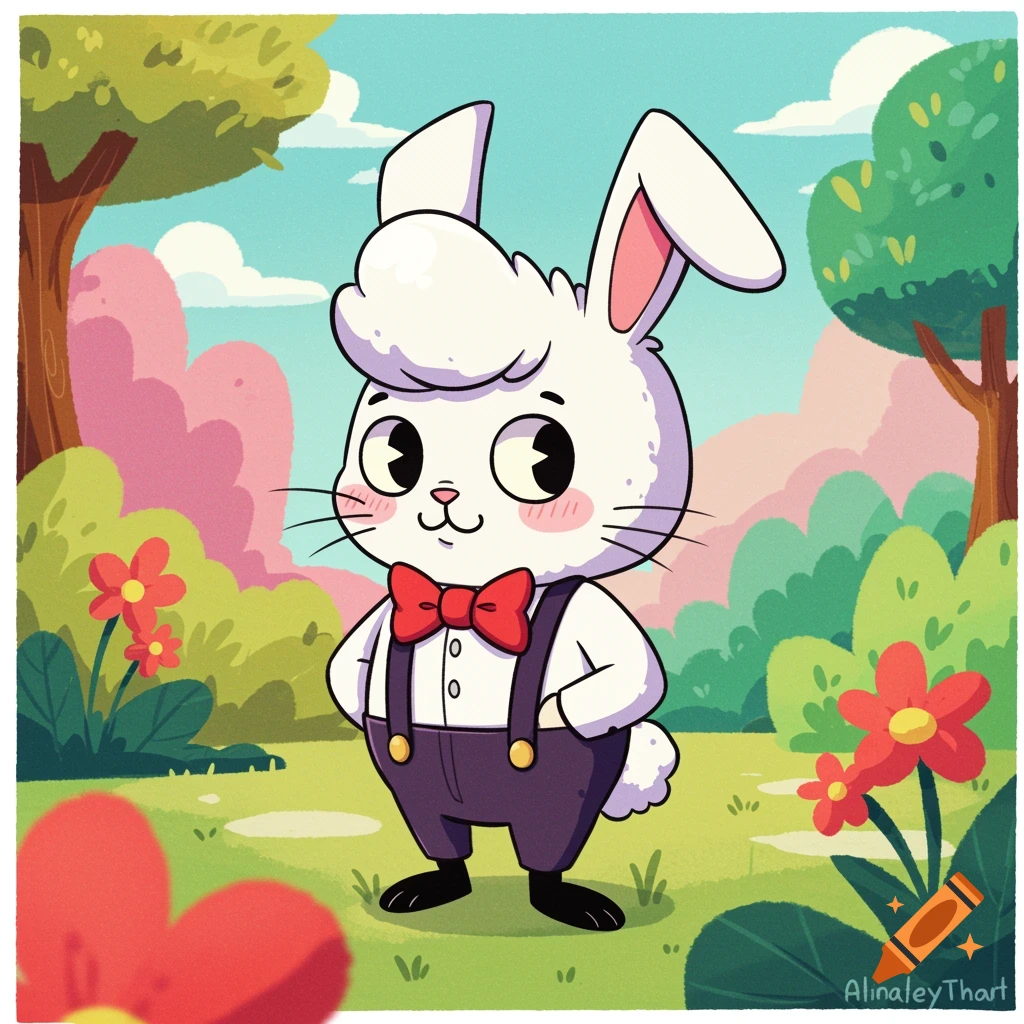 A cute cartoon bunny with a red bowtie and suspenders stands in a bright forest.