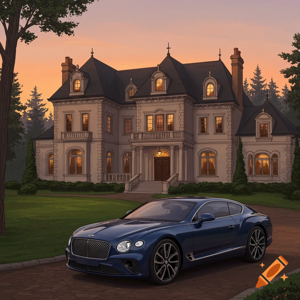A blue Bentley parked in front of a large mansion at sunset