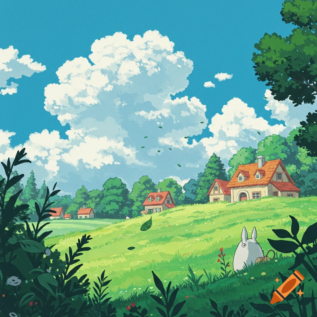 Anime landscape with houses on a green hill, fluffy clouds, and a Totoro-like character.