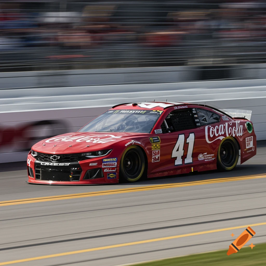 A red Coca-Cola sponsored number 41 NASCAR race car speeds on a track with motion blur.