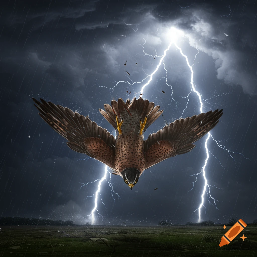 A falcon is shown falling wings-first during a thunderstorm with lightning.