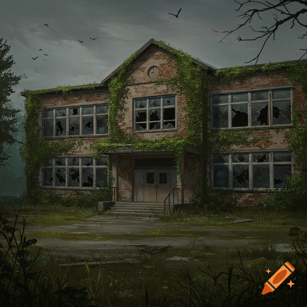 Abandoned brick school building with broken windows, vines, and overgrown ground.