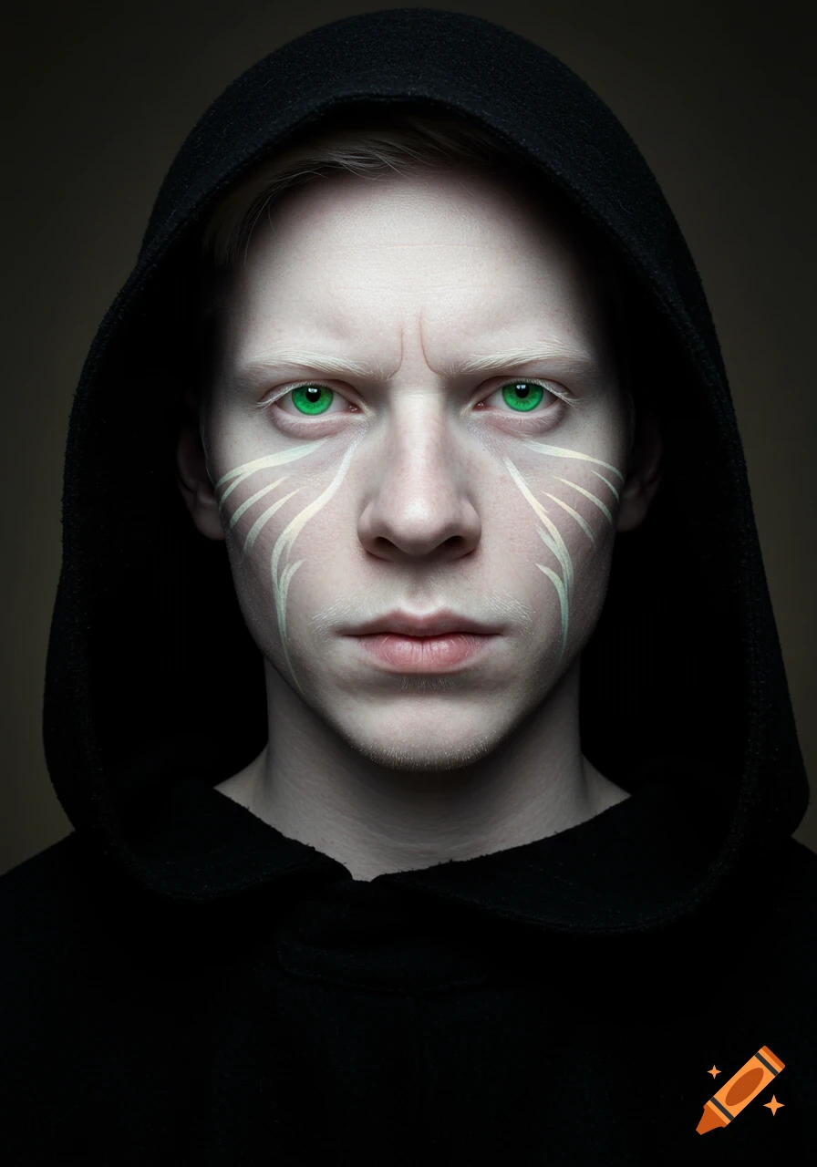 Close-up portrait of a person with pale skin, bright green eyes, and white markings on their cheeks, wearing a black hooded cloak.