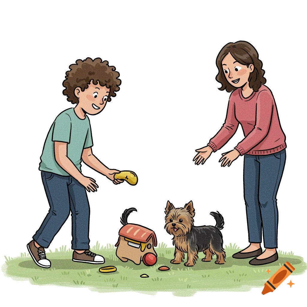 Cartoon illustration of a boy and mother playing with a small dog on grass.