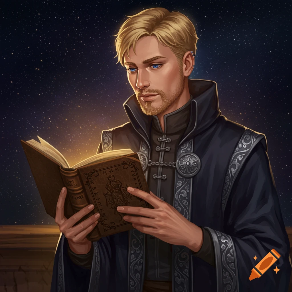 A blonde wizard with stubble in dark robes reads a glowing book under a starry sky.