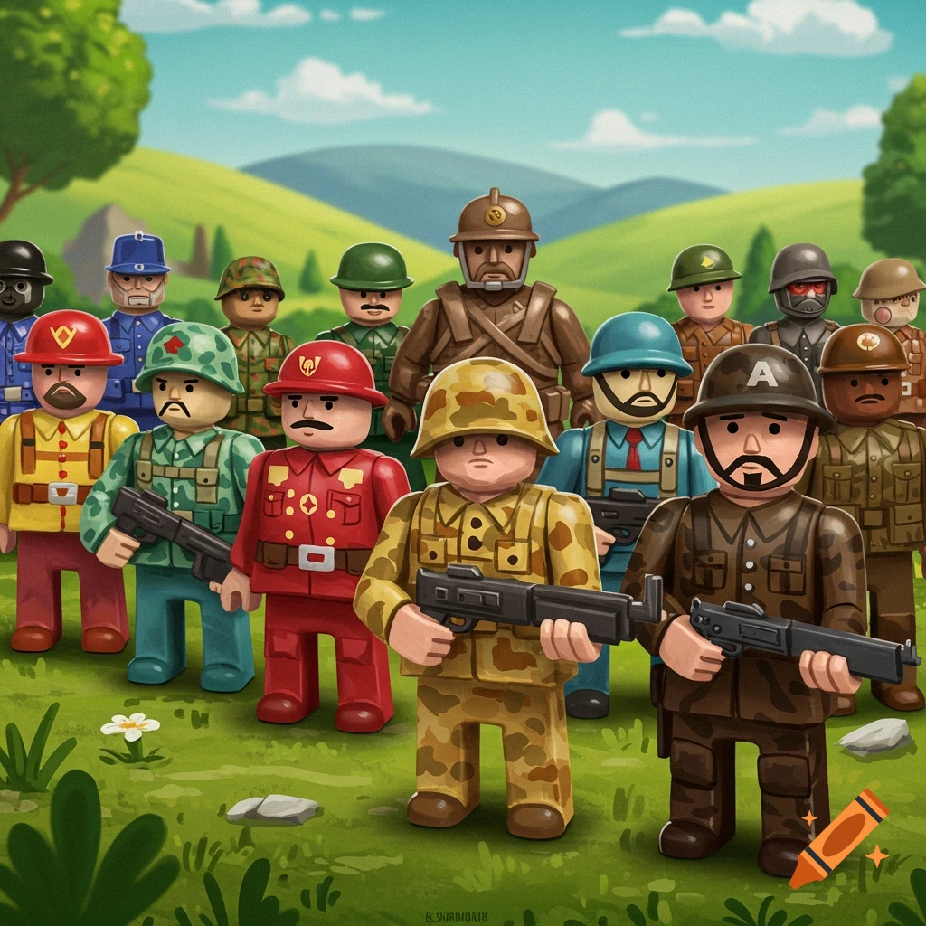 A group of diverse toy soldiers standing in a grassy field.