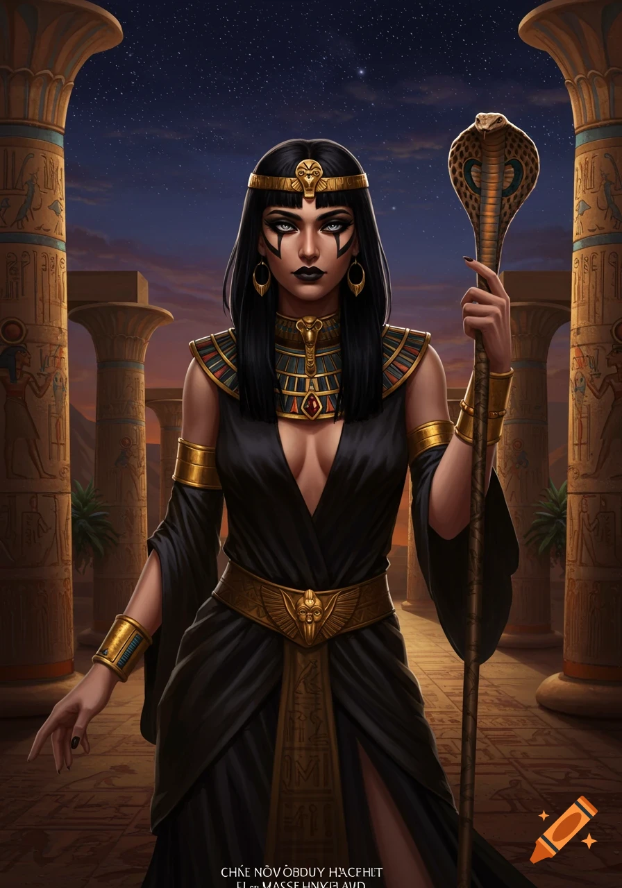A fantasy painting of an Egyptian sorceress with a snake staff standing among temple columns.