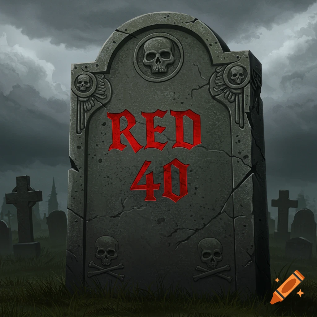 A tombstone with RED 40 engraved on it stands in a spooky graveyard setting.