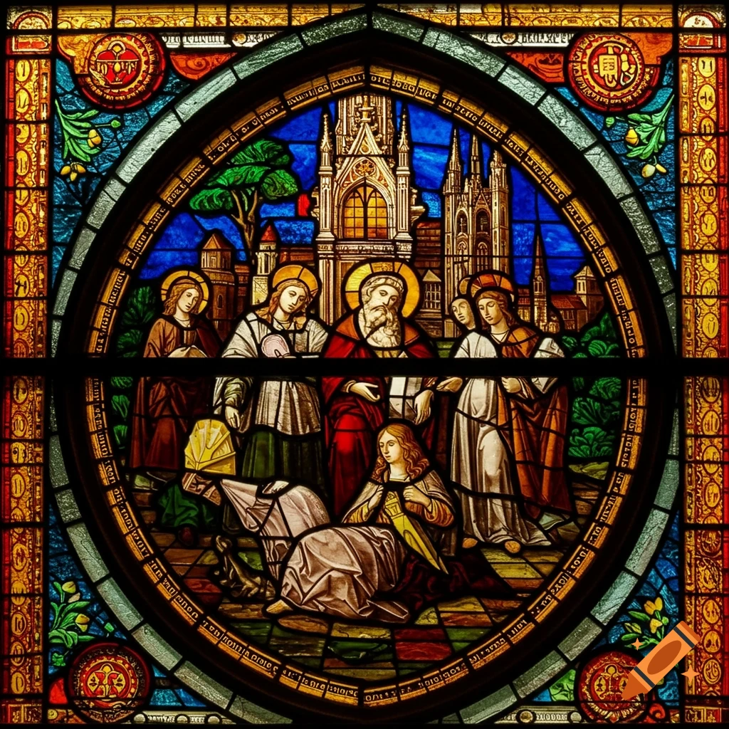 Stained glass window depicting religious figures with halos and a cathedral in the background.