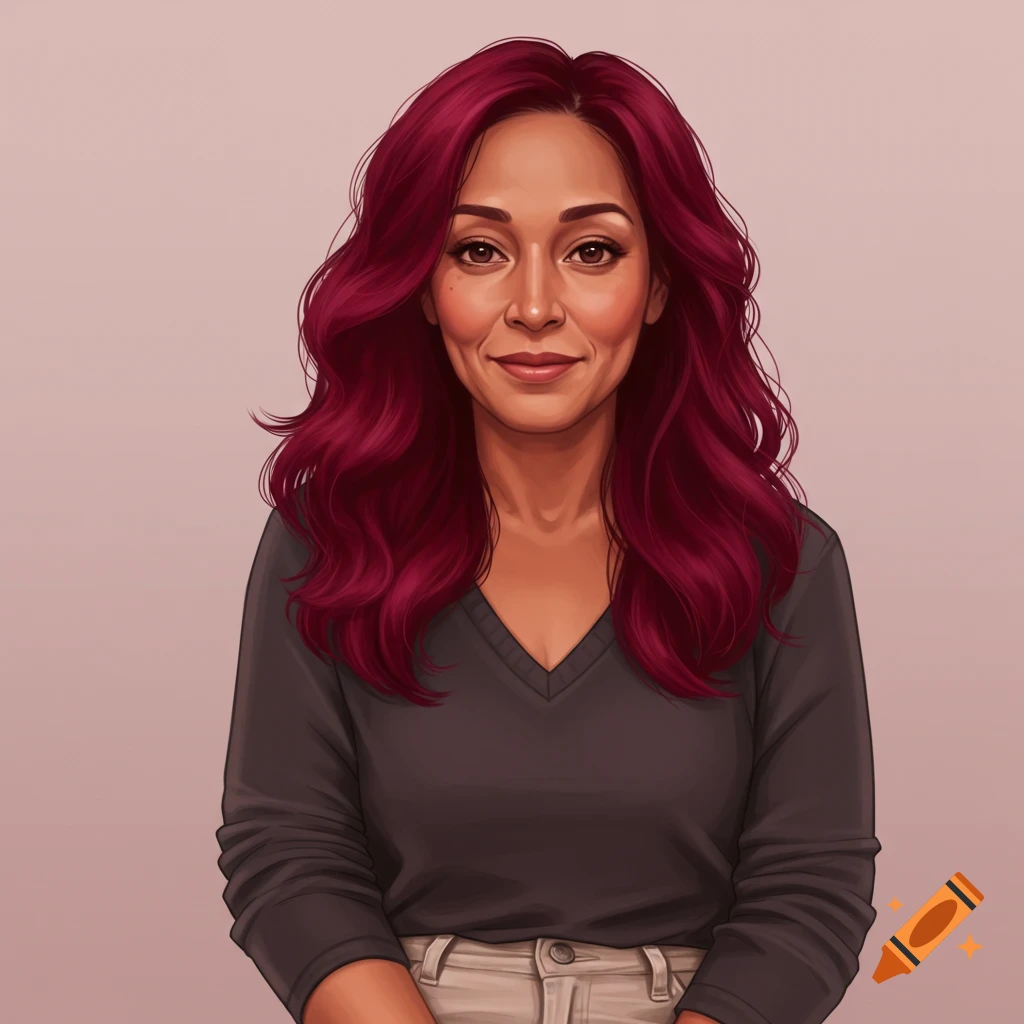 A woman with burgundy hair.