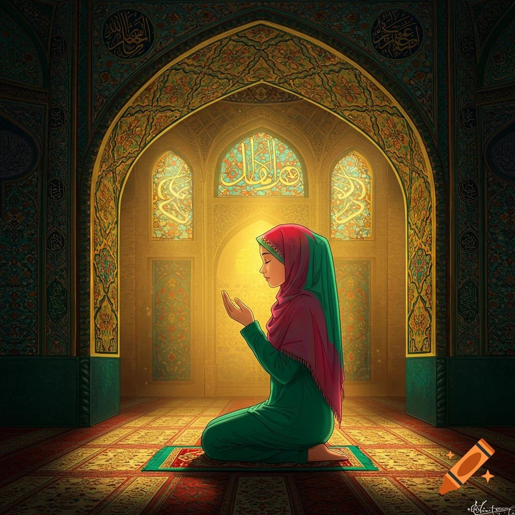A Muslim girl praying in a mosque
