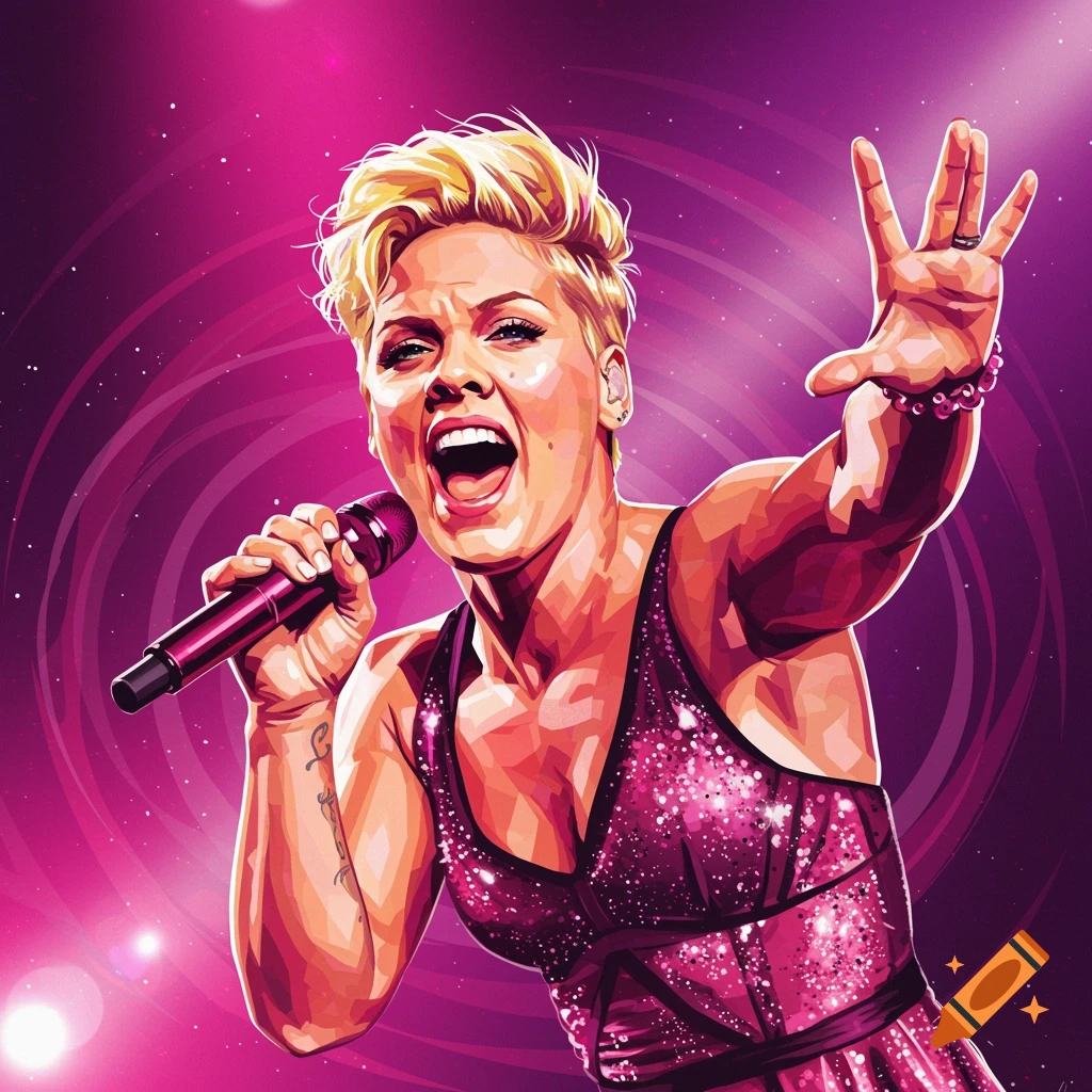 A vibrant image of singer Pink performing on stage, holding a microphone.