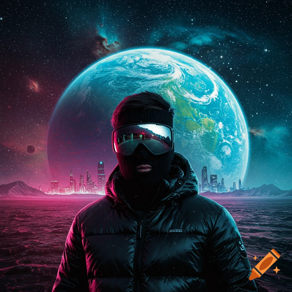 Person in ski mask, goggles, and puffer jacket on alien planet with city and Earth in background.