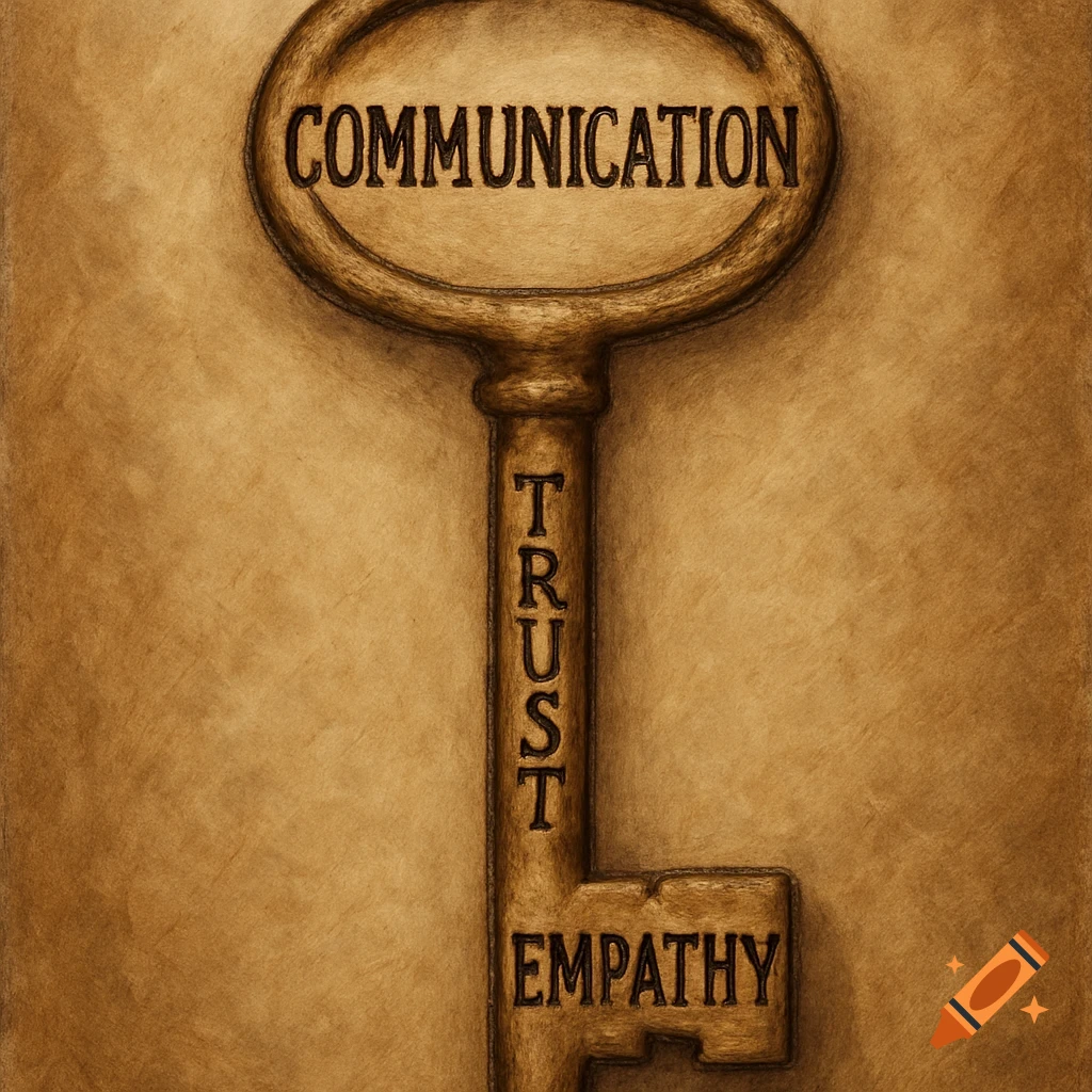 A key with 'COMMUNICATION', 'TRUST', and 'EMPATHY' inscribed on it, on textured paper.