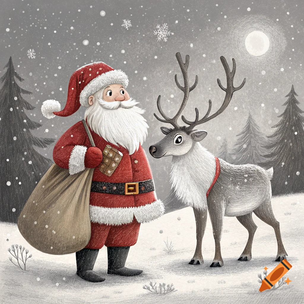 A cartoon-style illustration of Santa Claus and a reindeer standing in a snowy forest under a full moon.