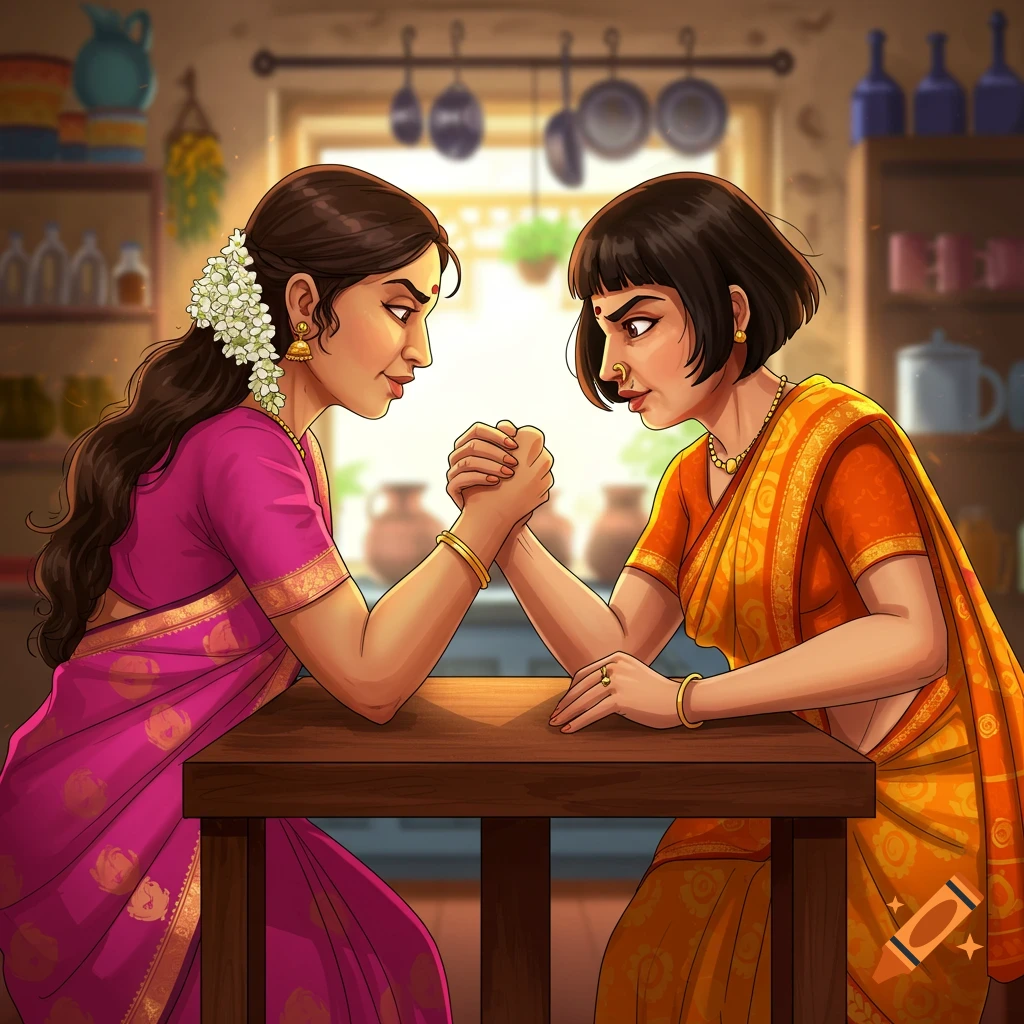 Two Indian women in sarees arm wrestling on a table in a kitchen.