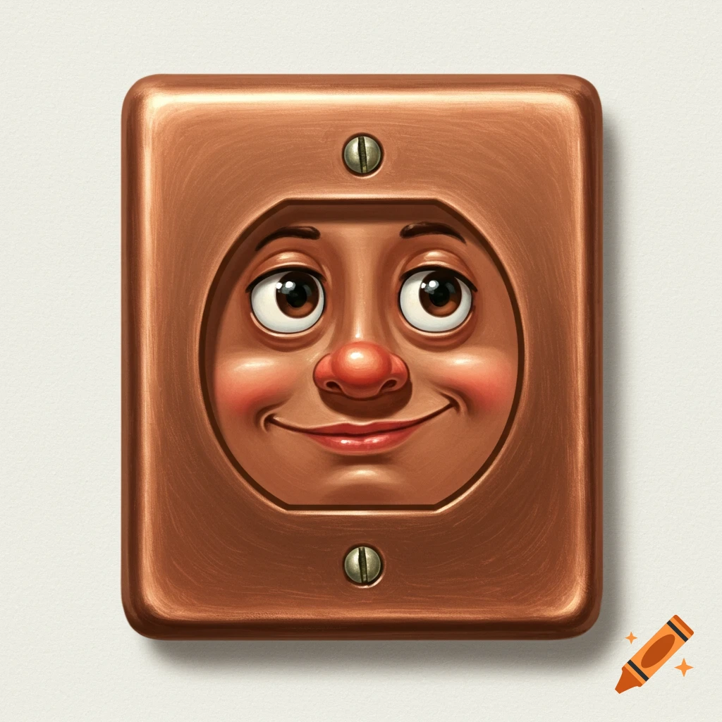 A copper electrical outlet with a friendly cartoon face