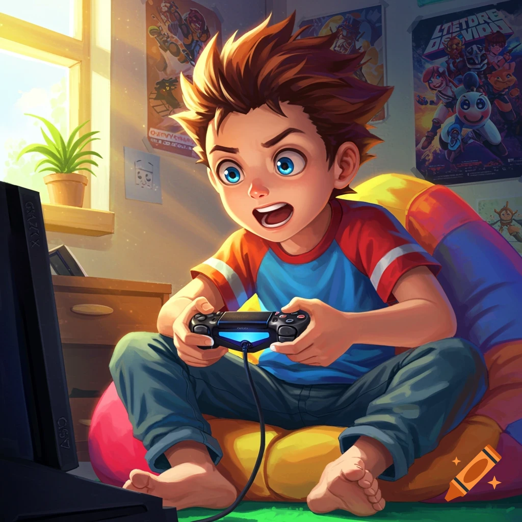 A boy playing a video game in his bedroom.