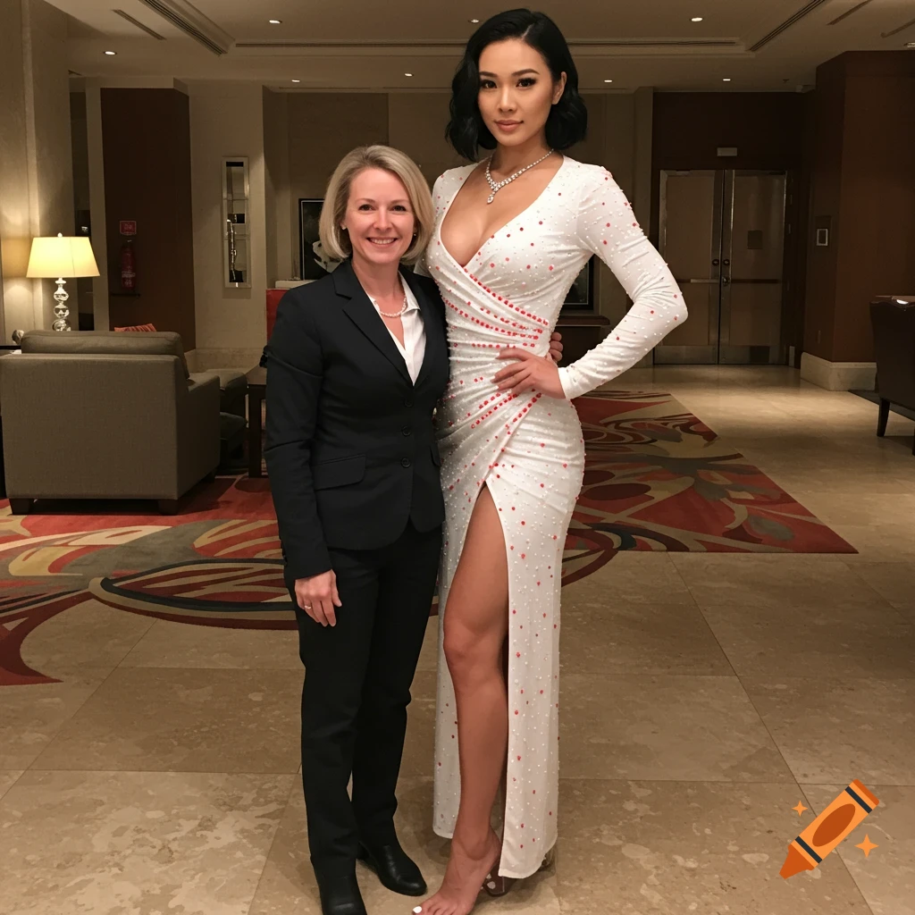 Two women, one in a suit and one in a white dress with a leg slit, stand in a hotel lobby.