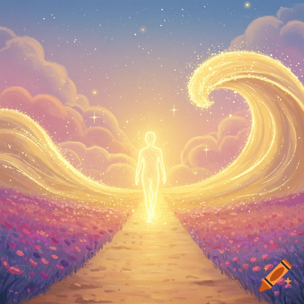 A glowing ethereal figure walks on a path through a field of flowers with sparkling golden waves behind them.