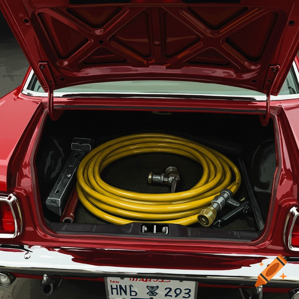 Open red car trunk with a yellow hose and jack.