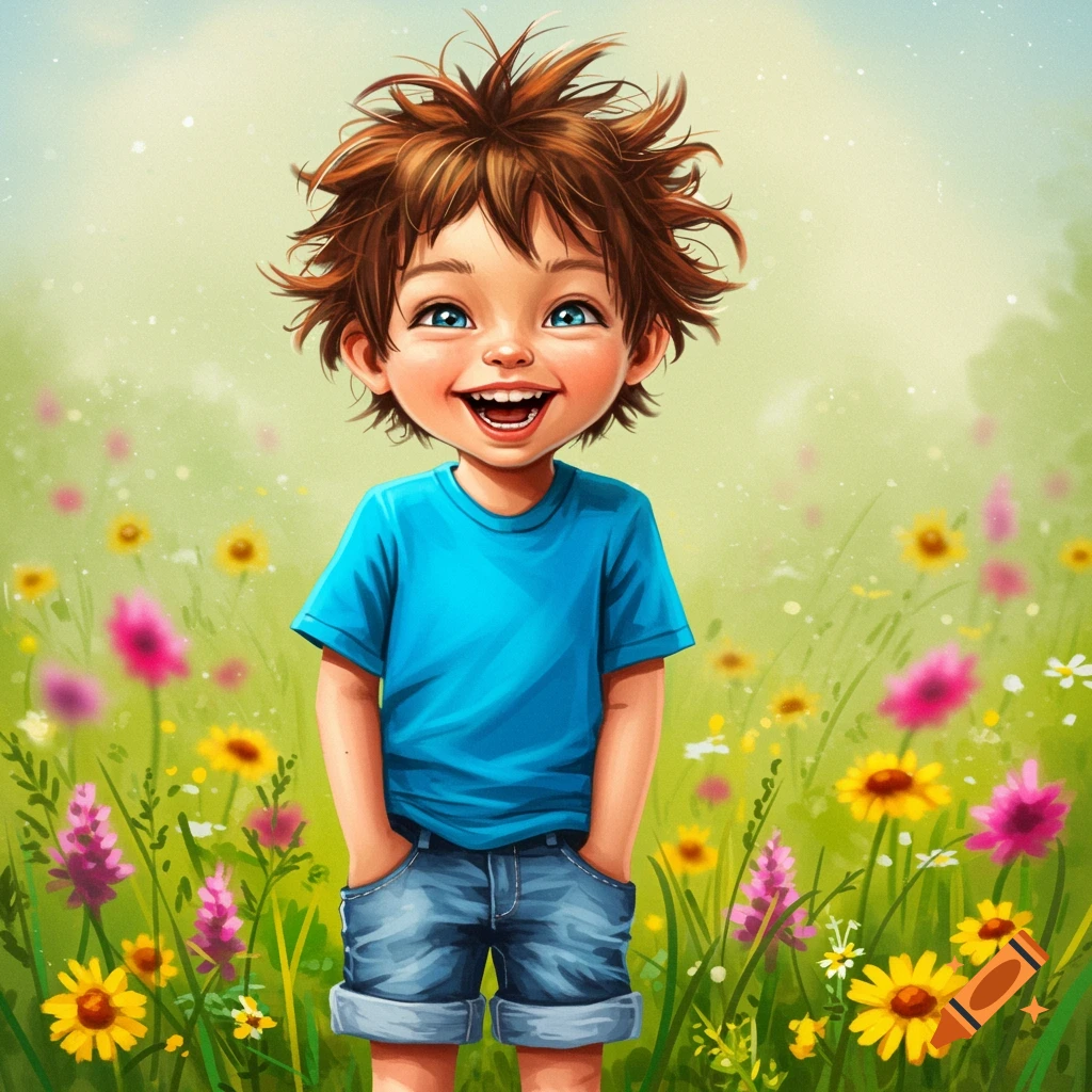 Illustration of a happy young boy in a meadow of colorful wildflowers.