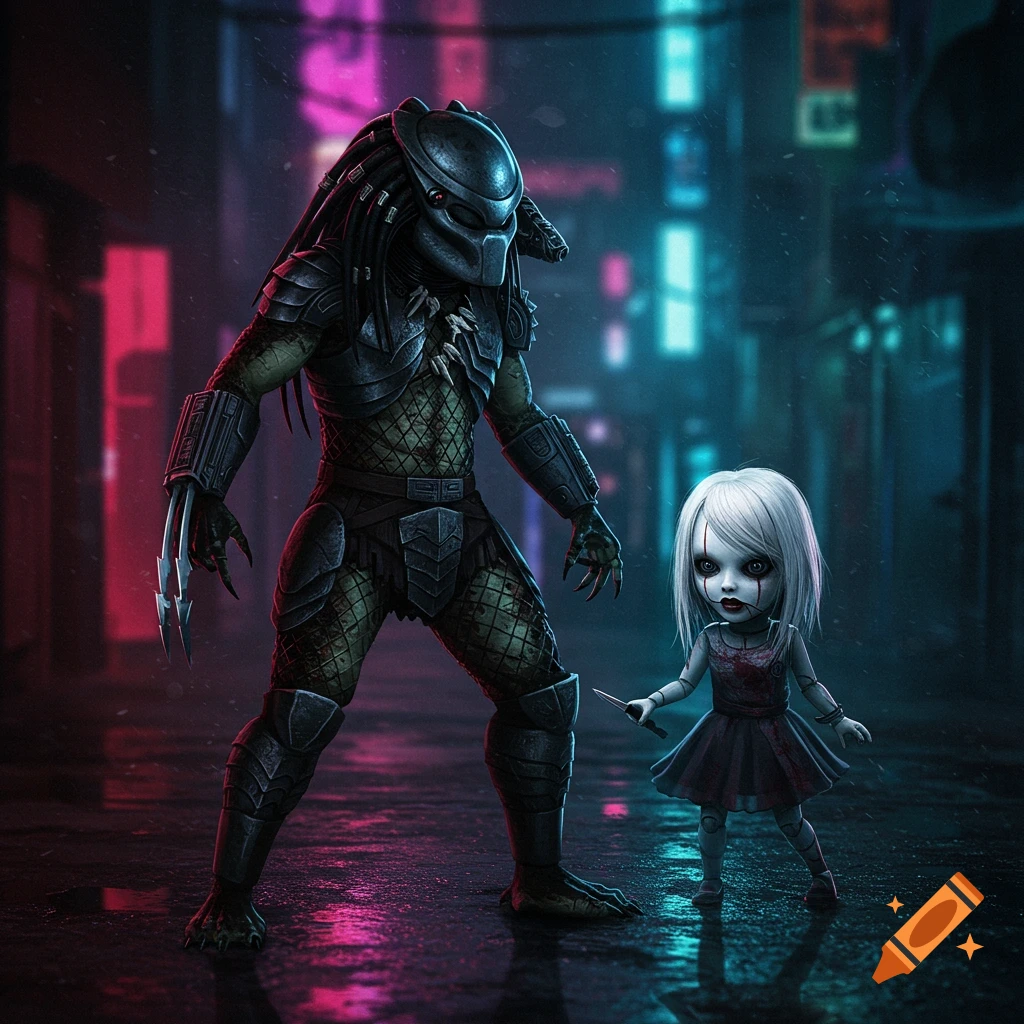 A Predator alien stands next to a creepy white-haired doll holding a knife on a wet street with neon lights.