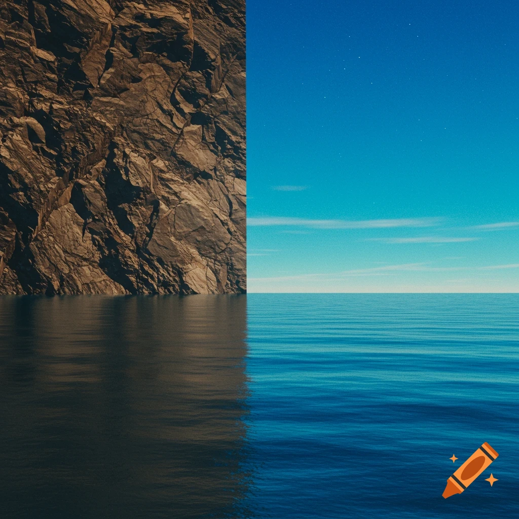 A rocky cliff wall and dark water on the left, split by a calm blue ocean and starry starry sky on the right.
