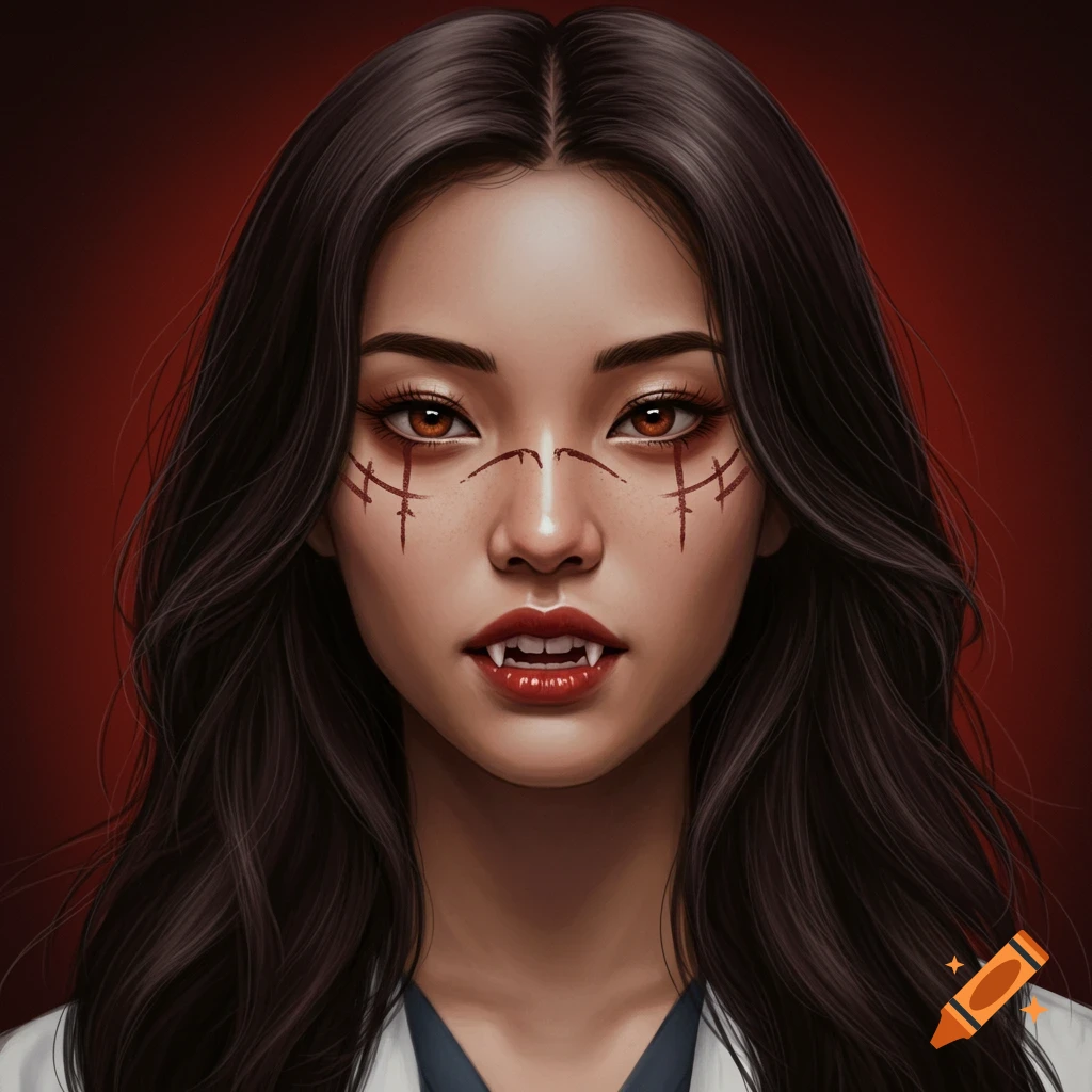A woman vampire with fangs and facial markings.