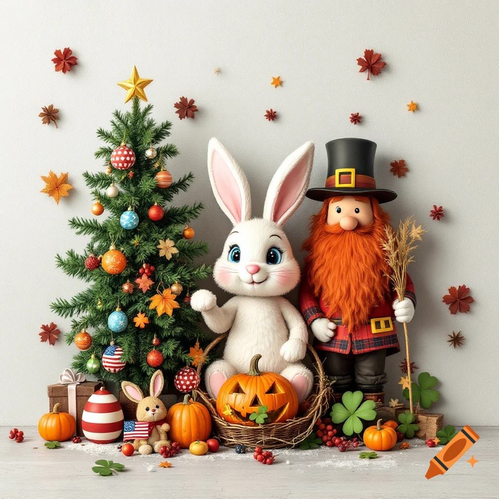 Easter bunny and St. Patrick figure with Christmas tree, pumpkin, and various holiday decorations.