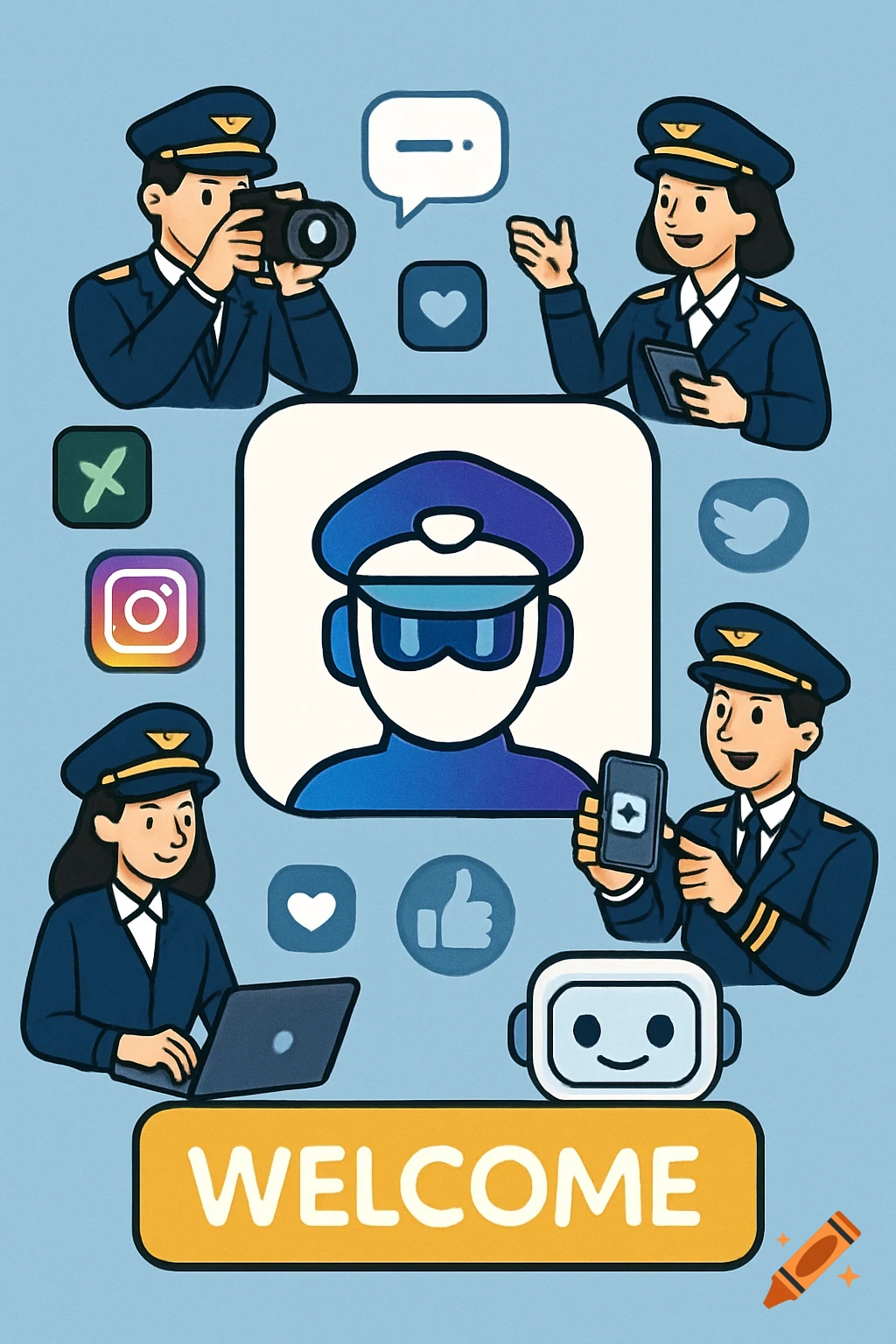 Cartoon pilots and social media icons surrounding a pilot icon, with a WELCOME button at the bottom.