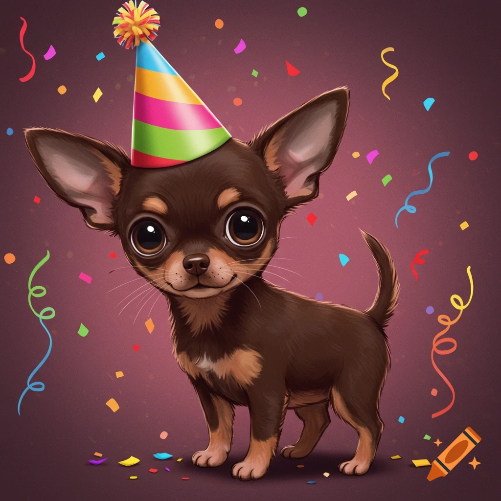 Cartoon illustration of a small brown chihuahua wearing a colorful party hat and surrounded by confetti.