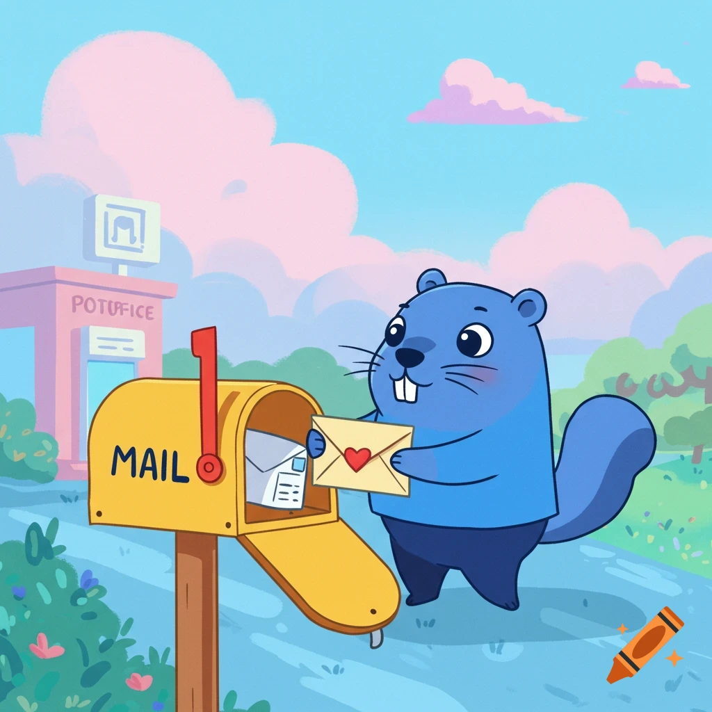 A blue cartoon gopher puts a letter with a heart on it into a yellow mailbox in front of a building.