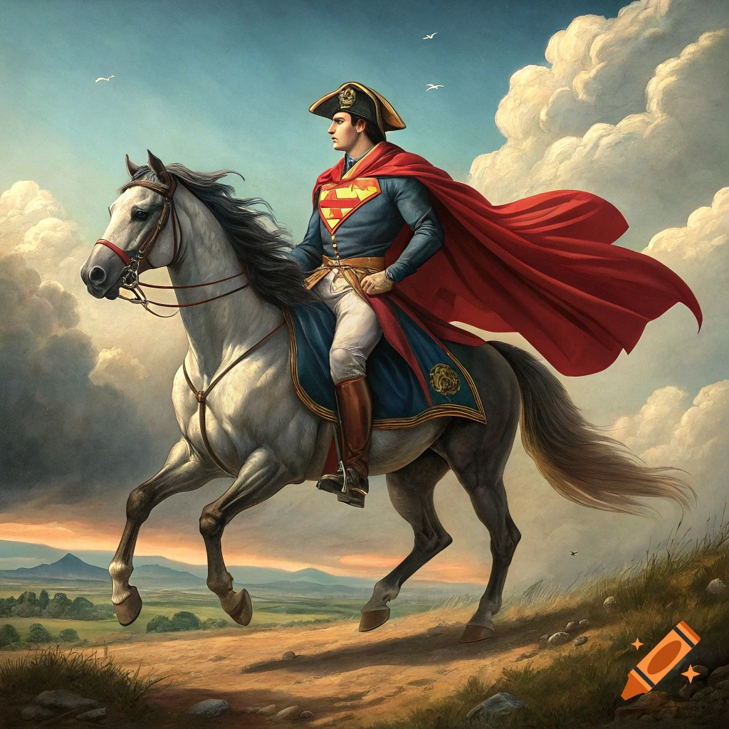 Figure resembling Napoleon wearing a Superman costume rides a horse on a hill, classical painting style.