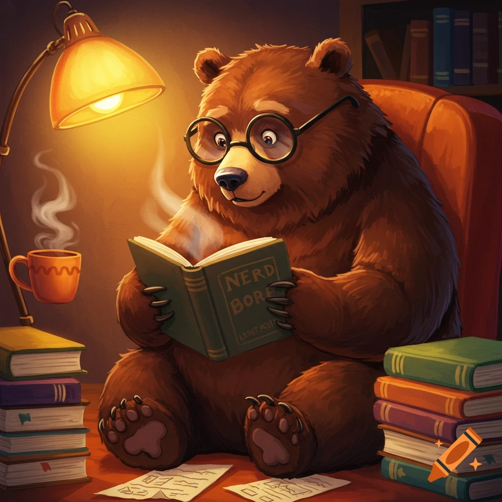 A brown bear with glasses reads a book titled 'NERD BORE' under a lamp in a room filled with books.