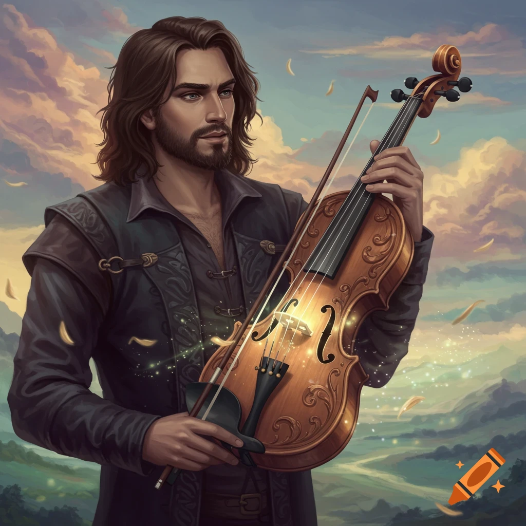 A man holding a decorative violin in a fantasy landscape.