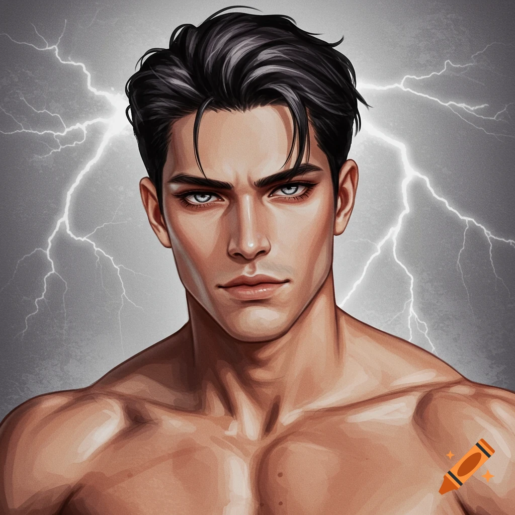 A handsome man with black hair and blue eyes stands against a lightning background.
