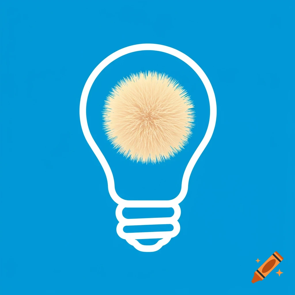 Icon of a light bulb with a fuzzy ball inside on a blue background