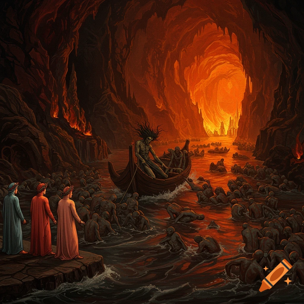 Souls crossing a fiery river in a cave, with a boatman and figures on the bank.