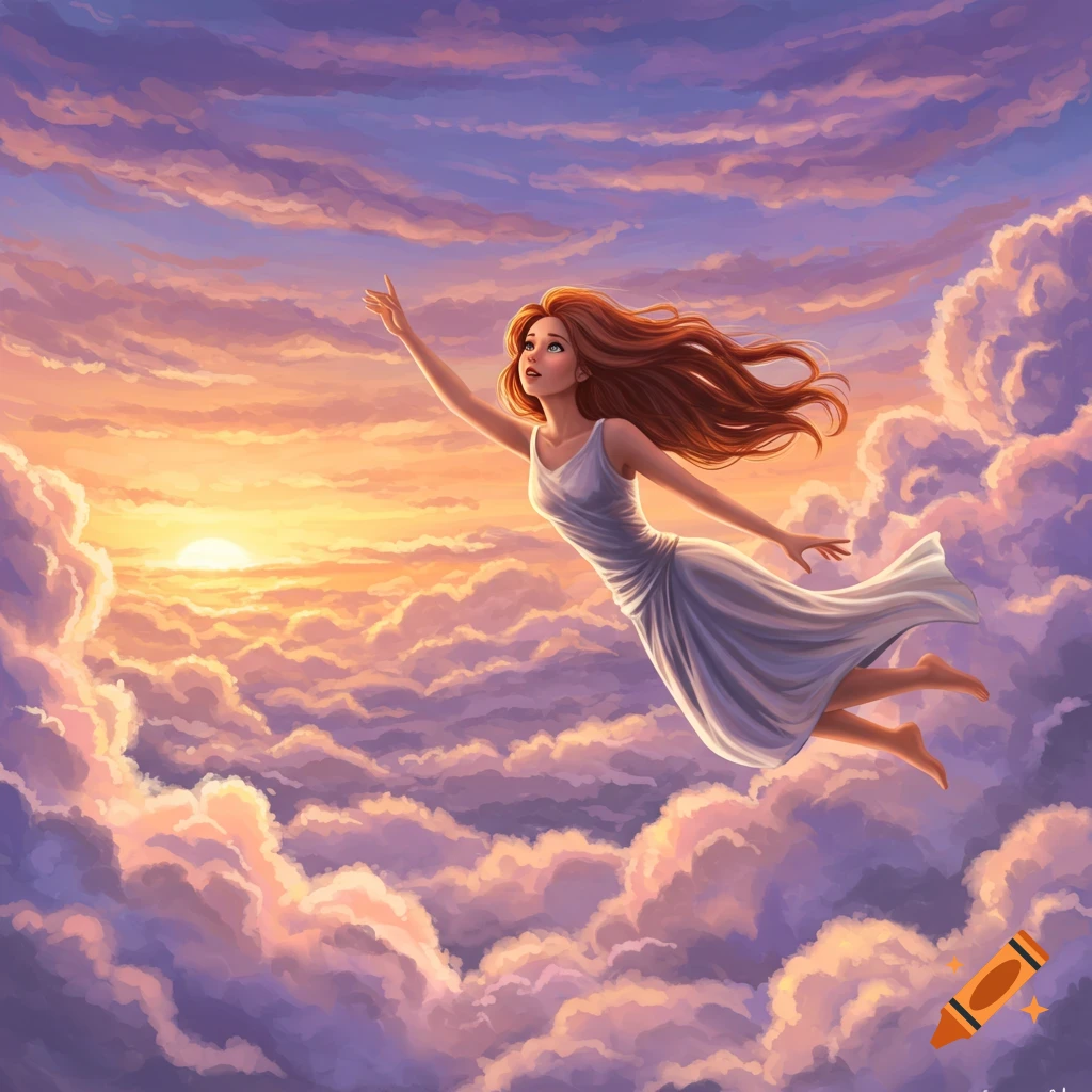 A woman flies through clouds at sunset.