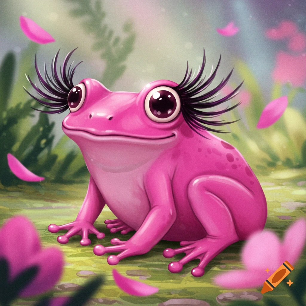 A bright pink frog with long eyelashes sitting in a forest setting.