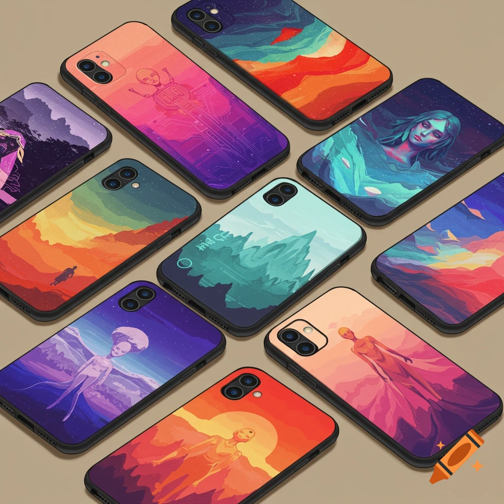 Multiple phone cases displayed, each with a different digital art design including landscapes, abstract patterns, and figures.