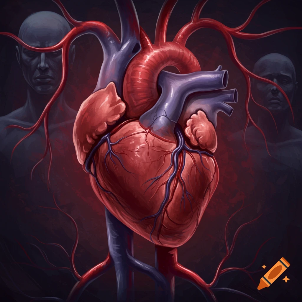 Detailed image of a human heart and blood vessels with shadowy figures in the background.