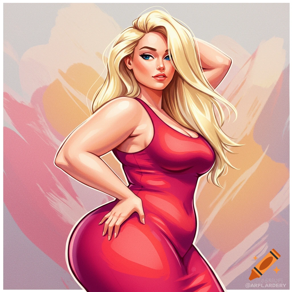 Curvy blonde woman in a red dress posing