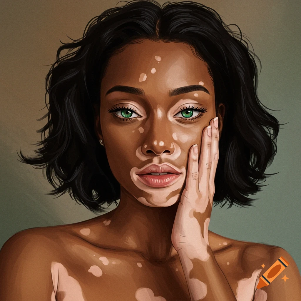 A portrait of a woman with vitiligo, bright green eyes, and short black hair.